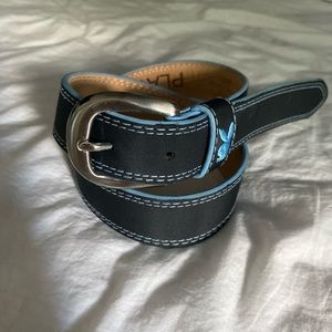 Genuine leather belt with blue embroidered Playboy Bunny logo.